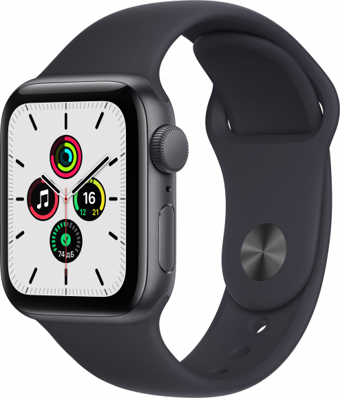 Apple Watch SE, 44 мм, цвета Space Gray, спортивный браслет Space Gray, картинка 1