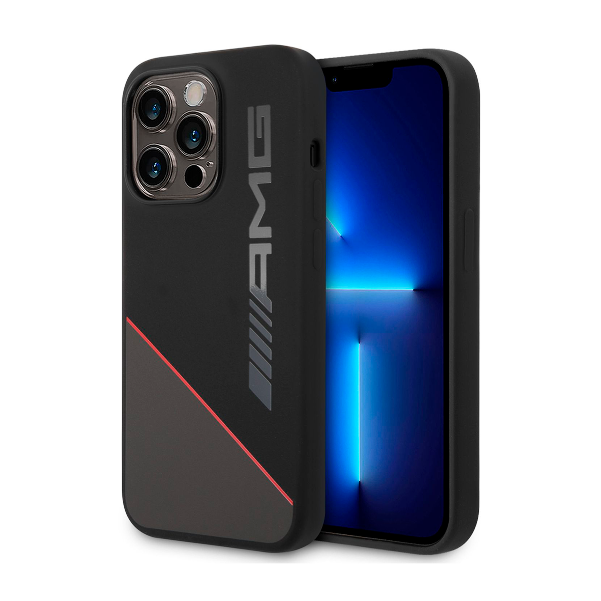Чехол для iPhone 16 Pro AMG Liquid Silicone Two tones Red line Melal Camera Hard Black MagSafe