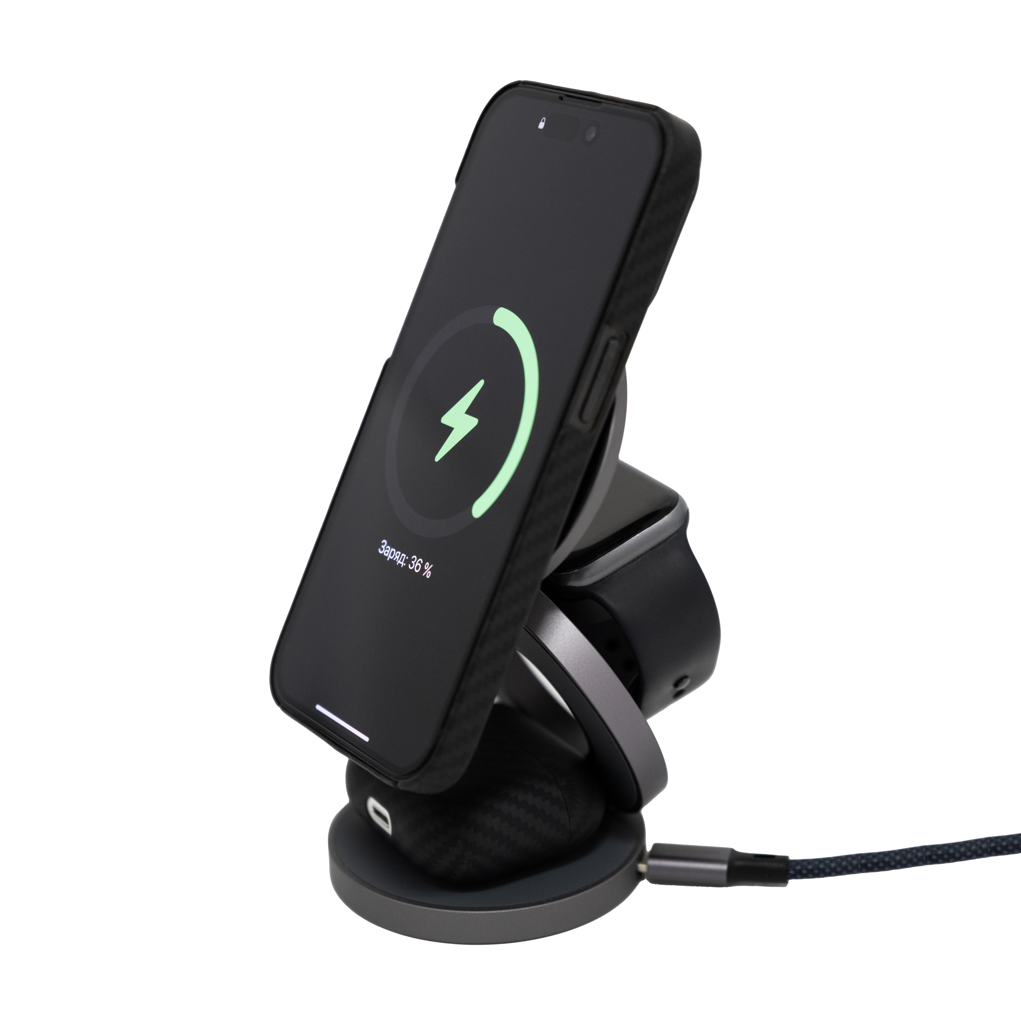 Складное Беспроводное зарядное устройство Magssory 3in1 Disc Pro Qi2 для Apple, Midnight, картинка 4