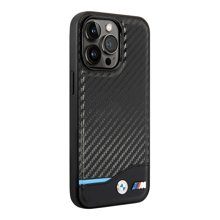 Чехол для iPhone 14 Pro Max BMW M-Collection PU Carbon with blue line Hard,черный, картинка 2