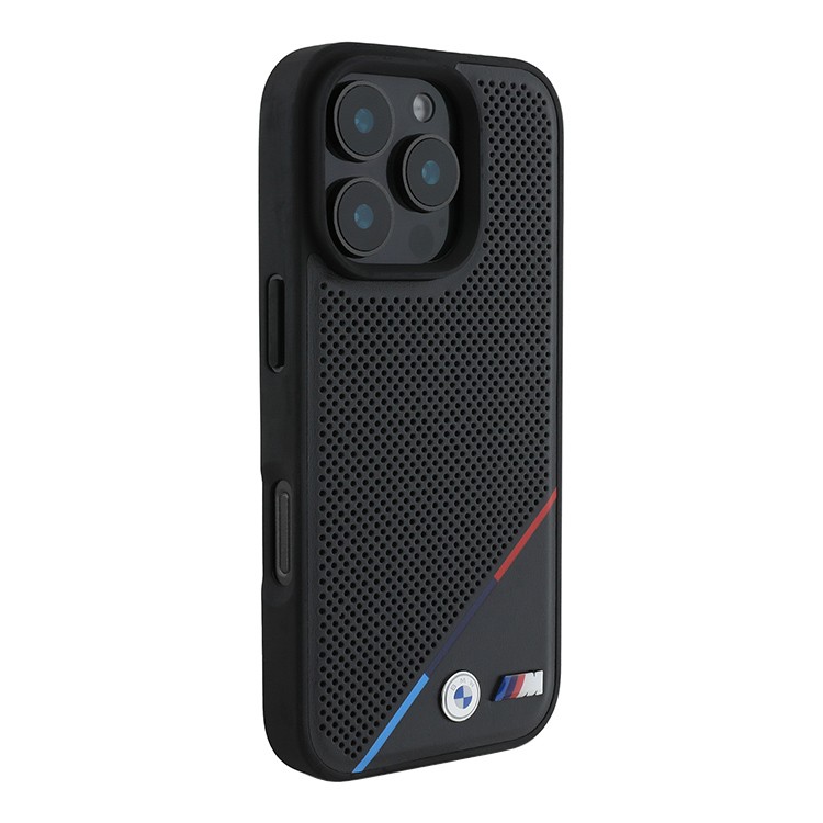 Чехол для iPhone 16 Pro Max BMW PU Perforated Tricolor Metal logo Hard Black MagSafe, картинка 2