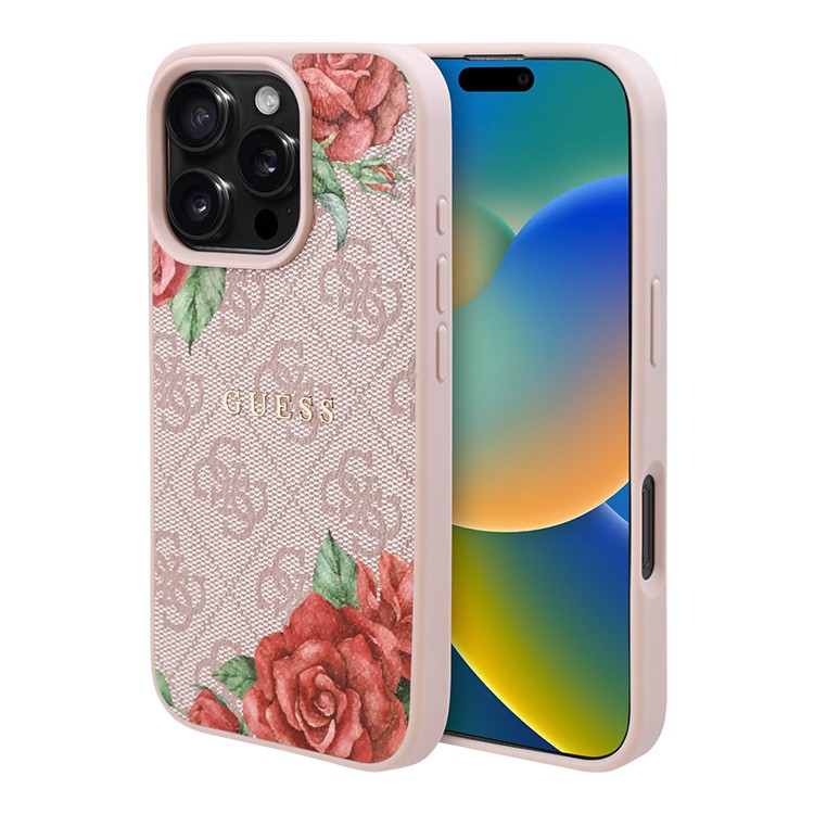 Чехол для iPhone 16 Pro Max GUESS PU Flowers Roses Hard Pink MagSafe, картинка 1