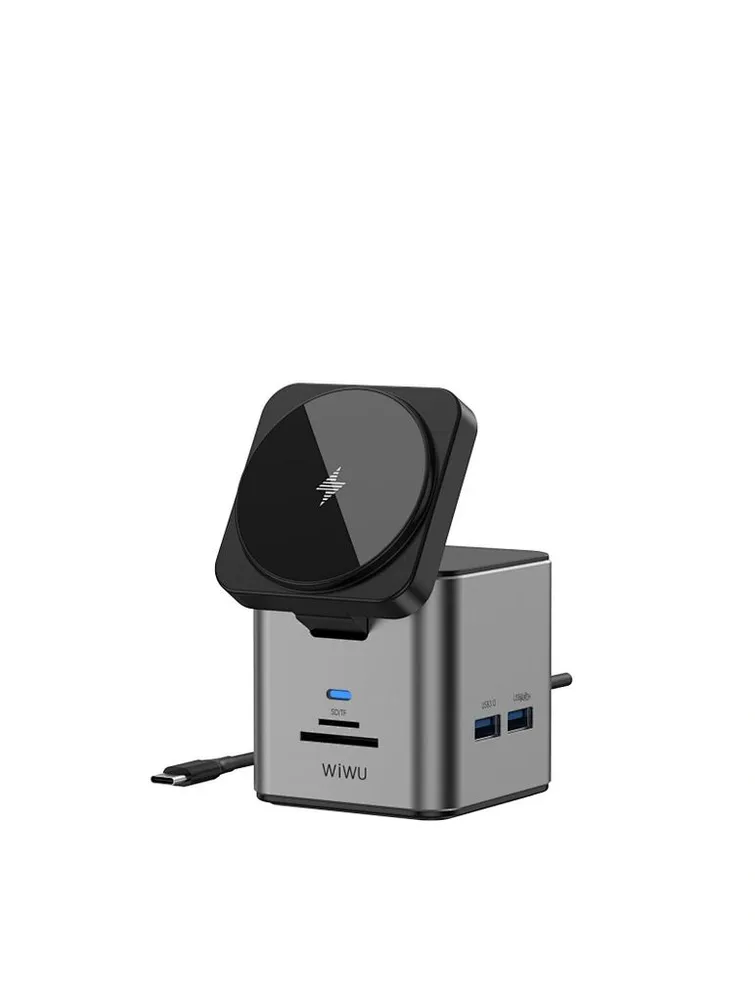 Беспроводное зарядное устройство WiWU Wi-W025 Cube Hub 9 in 1 USB-C Docking 100W Grey, картинка 4
