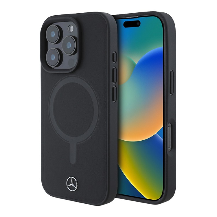 Чехол для iPhone 16 Pro Max MERCEDES Plain Swooth with Ring Metal logo Hard Black MagSafe, картинка 1