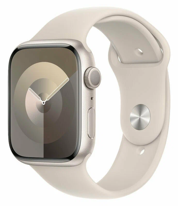 Apple Watch Series 9, 45 мм, корпус из алюминия цвета «сияющая звезда», спортивный ремешок «сияющая 