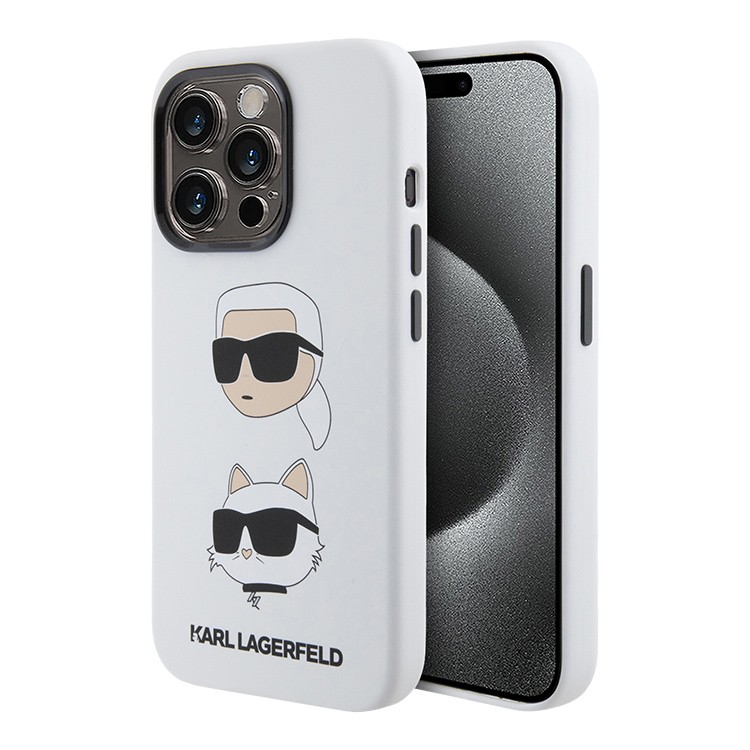 Чехол для iPhone 15 Pro KARL LAGERFELD Liquid Silicone NFT Karl & Choupette heads Hard White, картинка 1