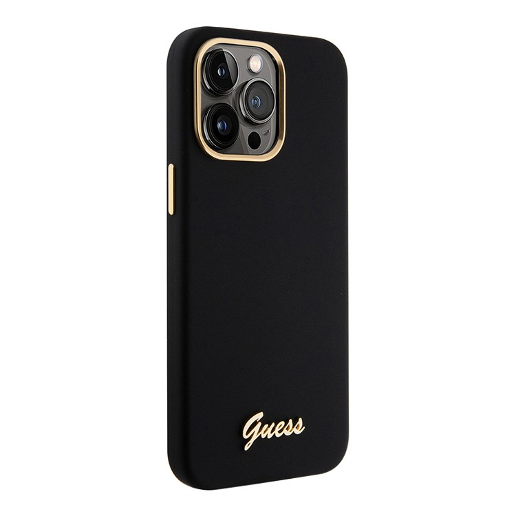 Чехол для iPhone 15 Pro Max GUESS Silikone Gold metal logo Camera fhame Hard Black , картинка 4