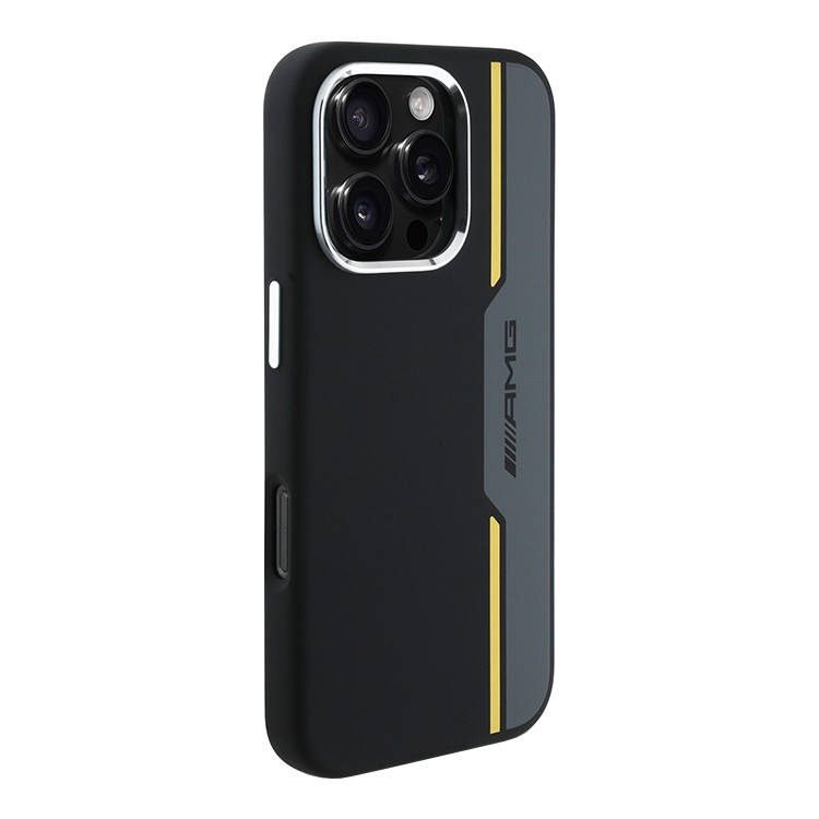Чехол для iPhone 16 Pro Max AMG Liquid Silicone Bow lines Melal Camera Hard Black/Yellow MagSafe, картинка 2