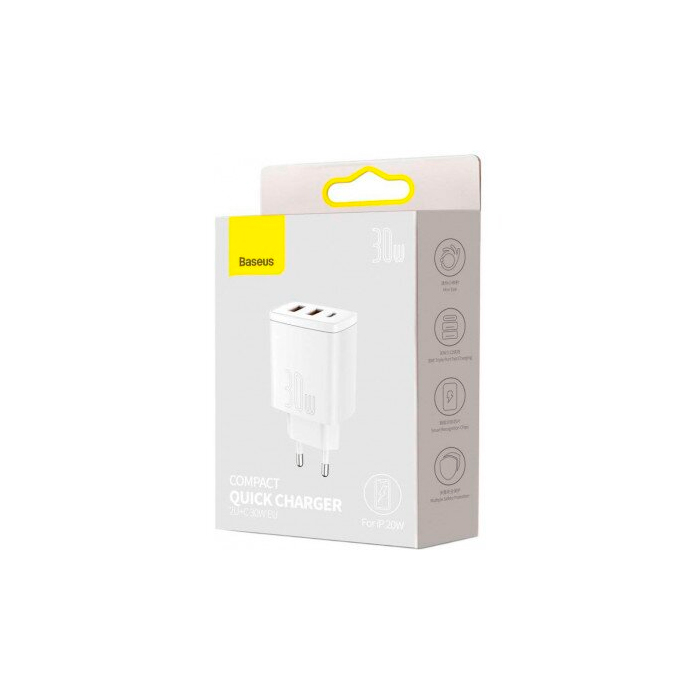 Сетевое зарядное устройство Baseus Compact Fast Charger 30W 2USB+Type-C, белый, картинка 5