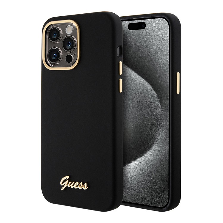 Чехол для iPhone 15 Pro Max GUESS Silikone Gold metal logo Camera fhame Hard Black 
