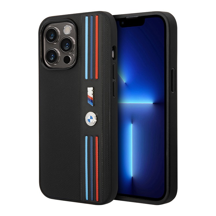 Чехол для iPhone 14 Pro BMW M-Collection PU Mesh Tricolor lines,черный, картинка 1