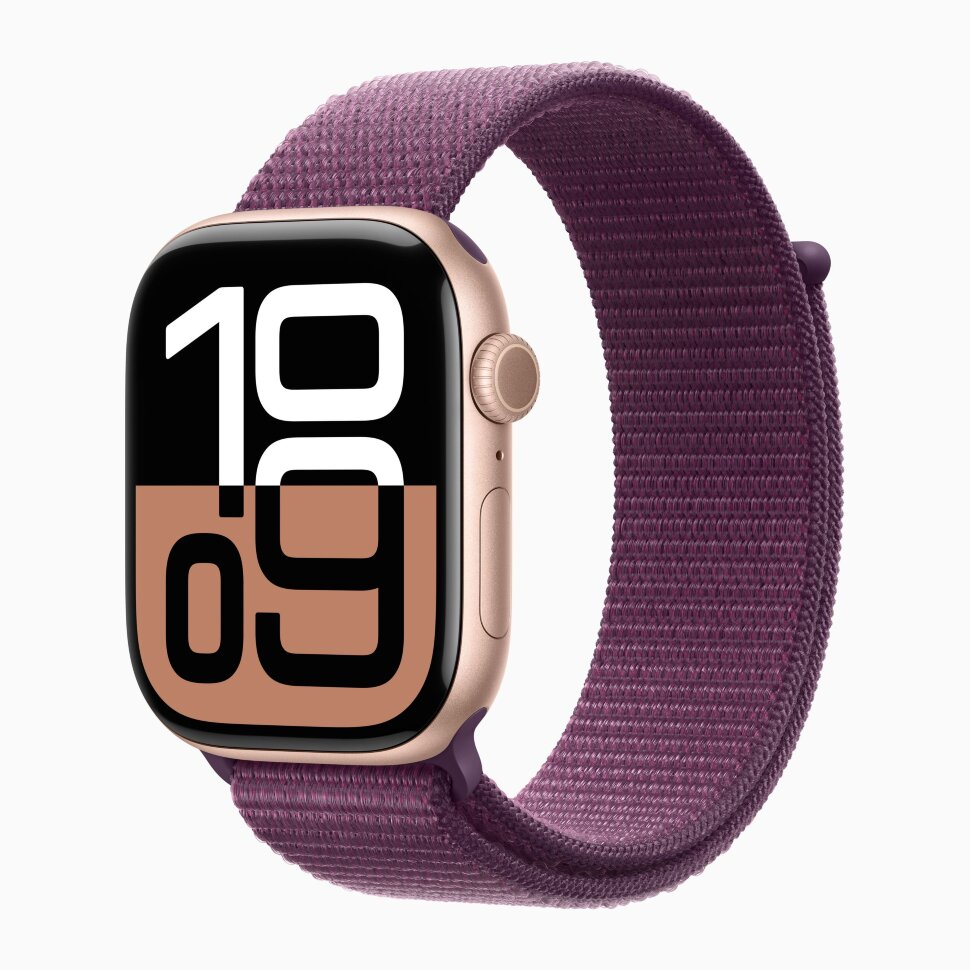 Apple Watch Series 10 GPS 46 мм, алюминий цвета «розовое золото», спортивный ремешок цвета «Plum»