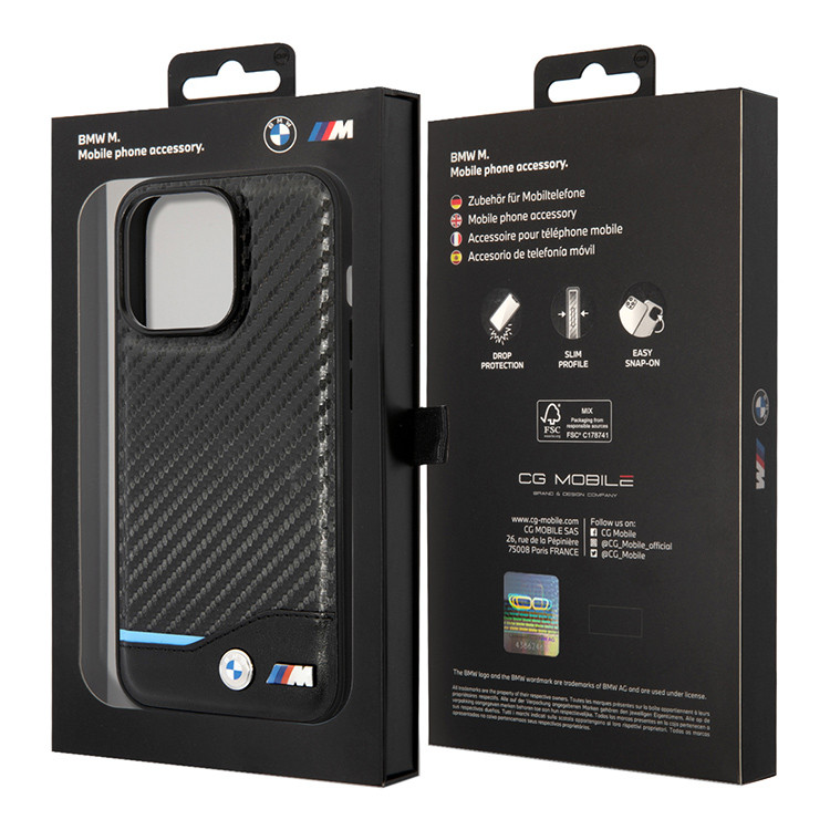 Чехол для iPhone 14 Pro BMW M-Collection PU Carbon with blue line Hard,черный, картинка 5