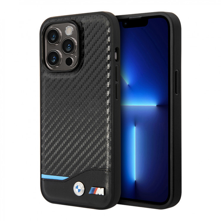 Чехол для iPhone 14 Pro Max BMW M-Collection PU Carbon with blue line Hard,черный, картинка 1