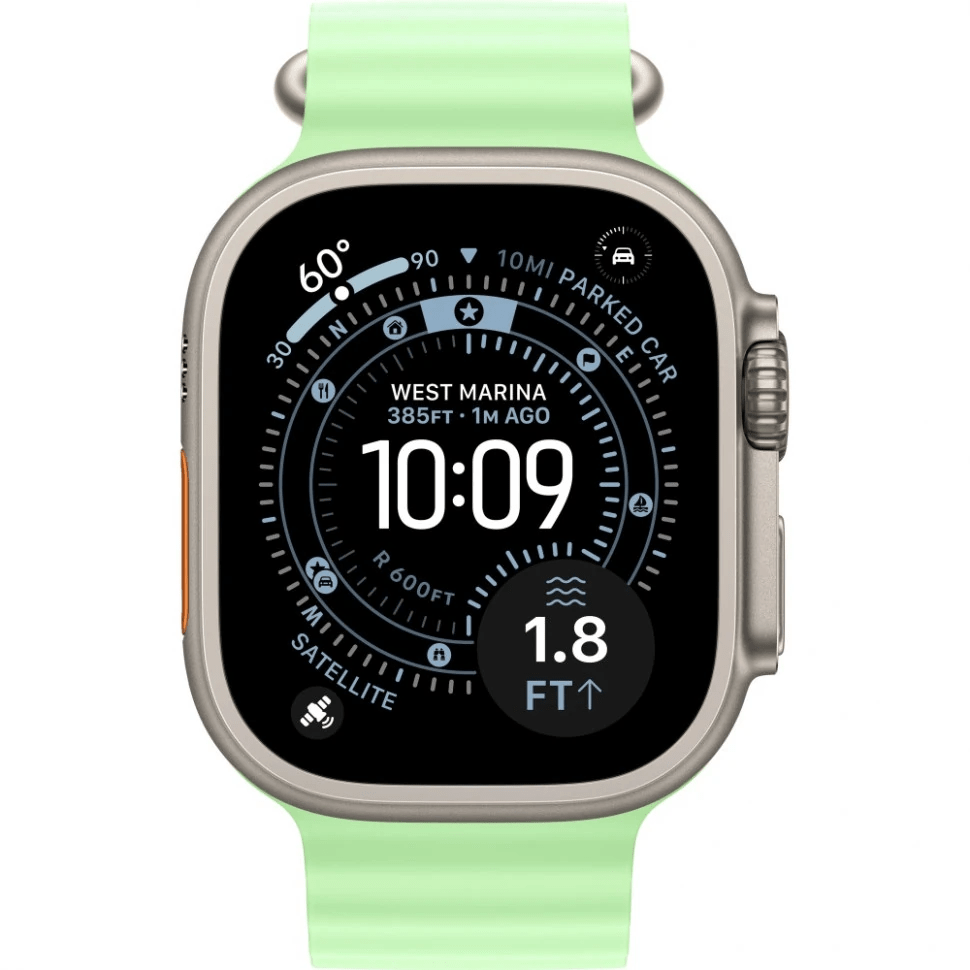 Apple Watch Ultra 3 GPS, 49 мм, натуральный титан, ремешок Ocean цвета «Neon Green», картинка 2