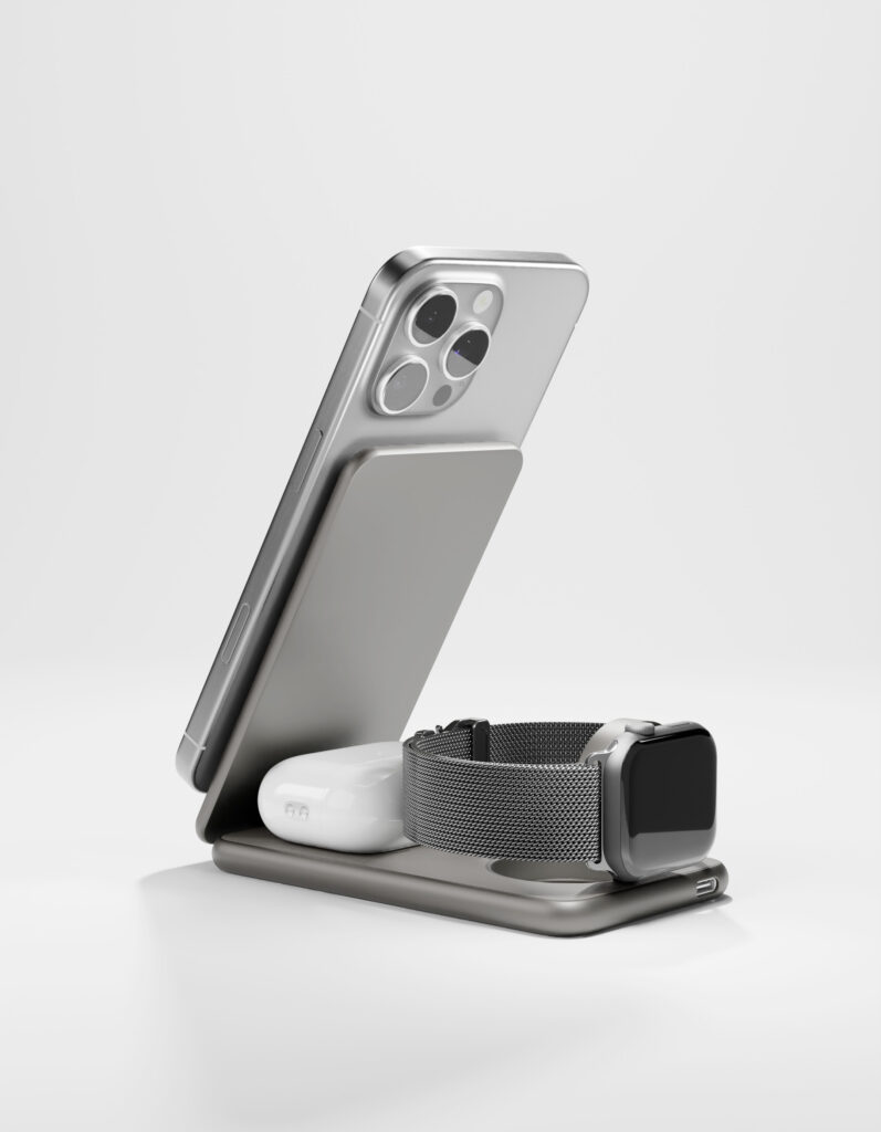 Беспроводное зарядное устройство VLP Alum Power Pro 3 in 1, натуральный титан, картинка 4