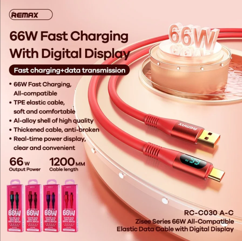 Кабель REMAX USB to Type-C 66W Elastic Data Cable with Digital Display, картинка 2