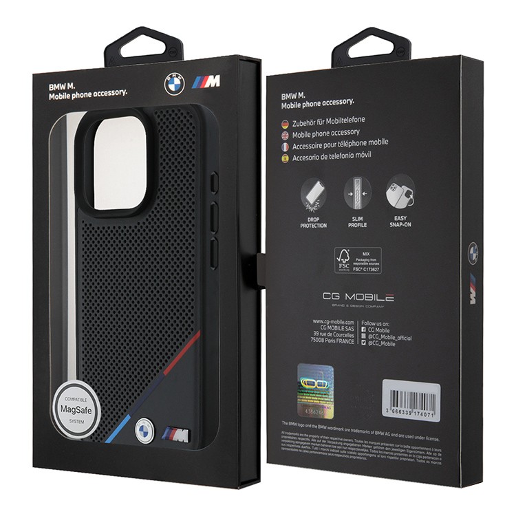 Чехол для iPhone 16 Pro Max BMW PU Perforated Tricolor Metal logo Hard Black MagSafe, картинка 5