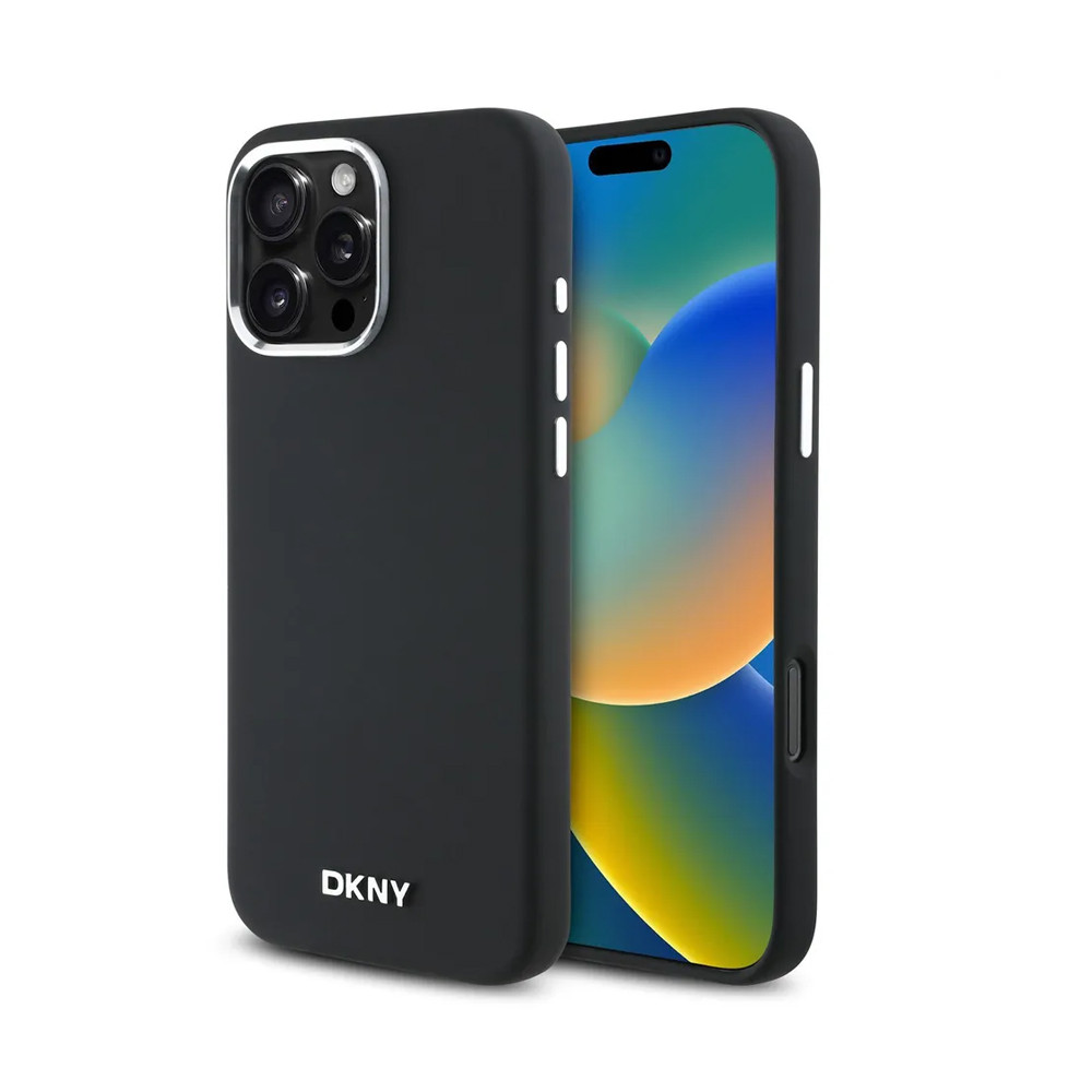 Чехол для iPhone 15 Pro Max DKNY Silikone Metal logo and Camera frame Hard Black Magsafe, картинка 1